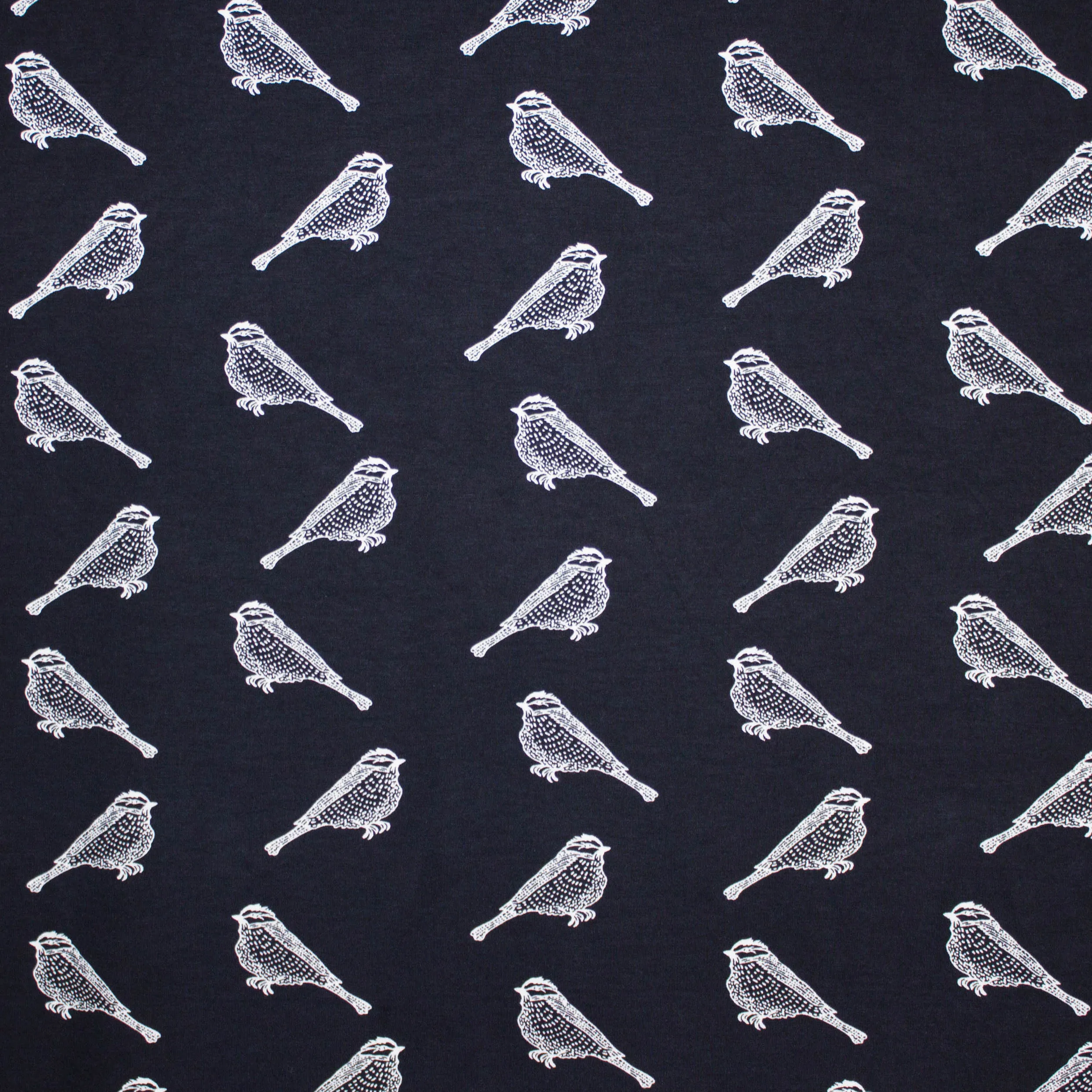 Donkerblauwe viscosetricot met witte vogels
