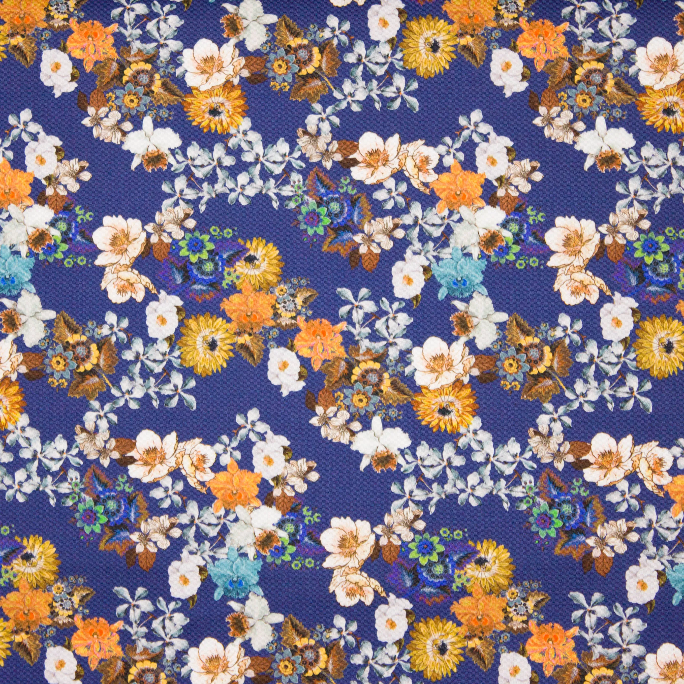 Blauwe Italiaanse piqué katoen met bloemen bedrukking