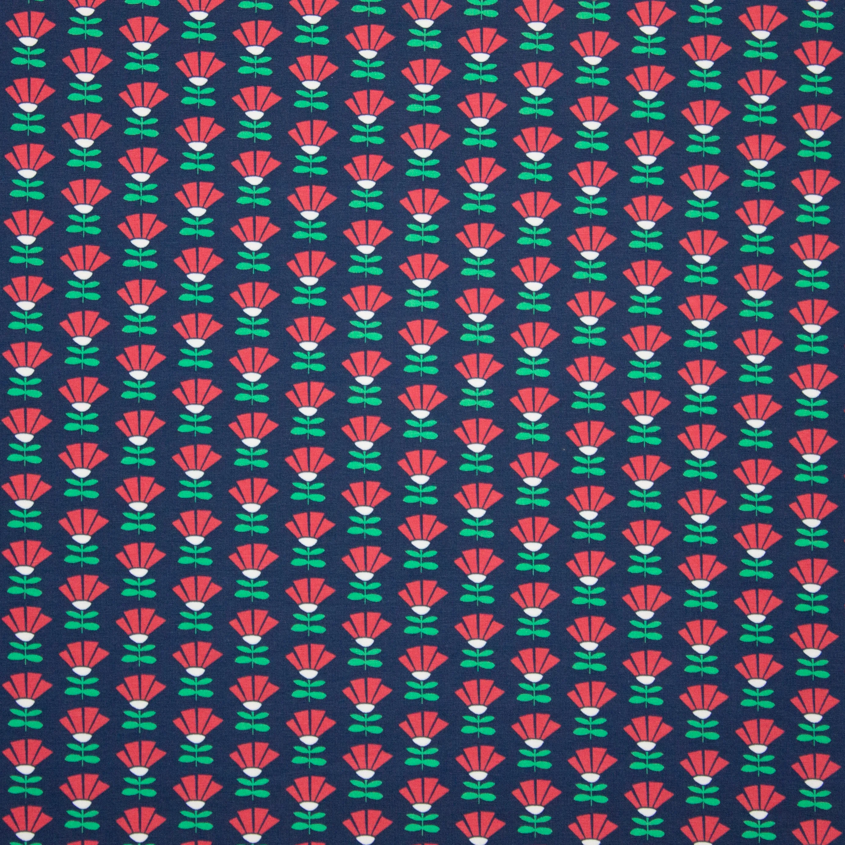 Blauwe tricot met retro bloemetjes