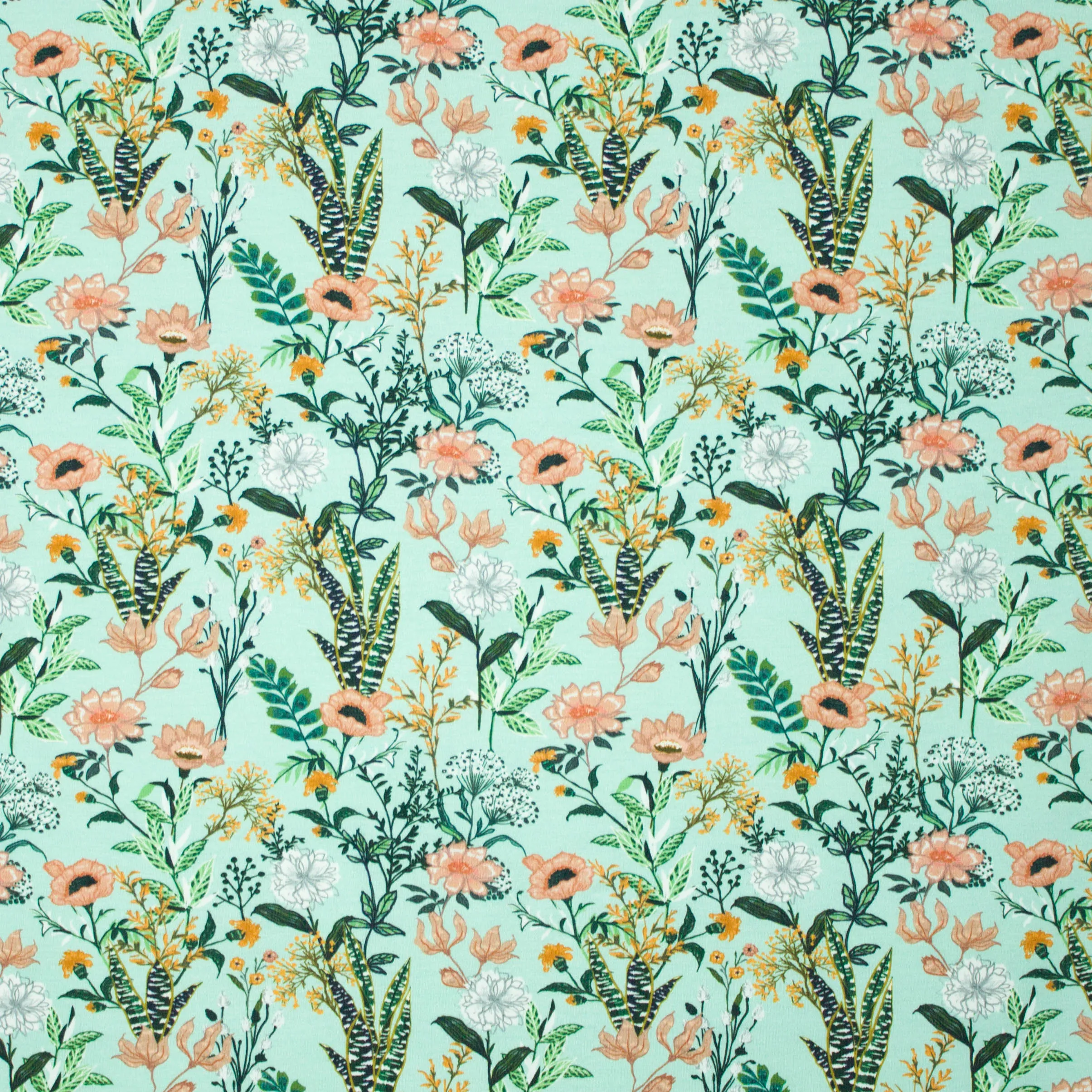Munt tricot met planten en bloemen motief van 'Megan Blue Fabrics'