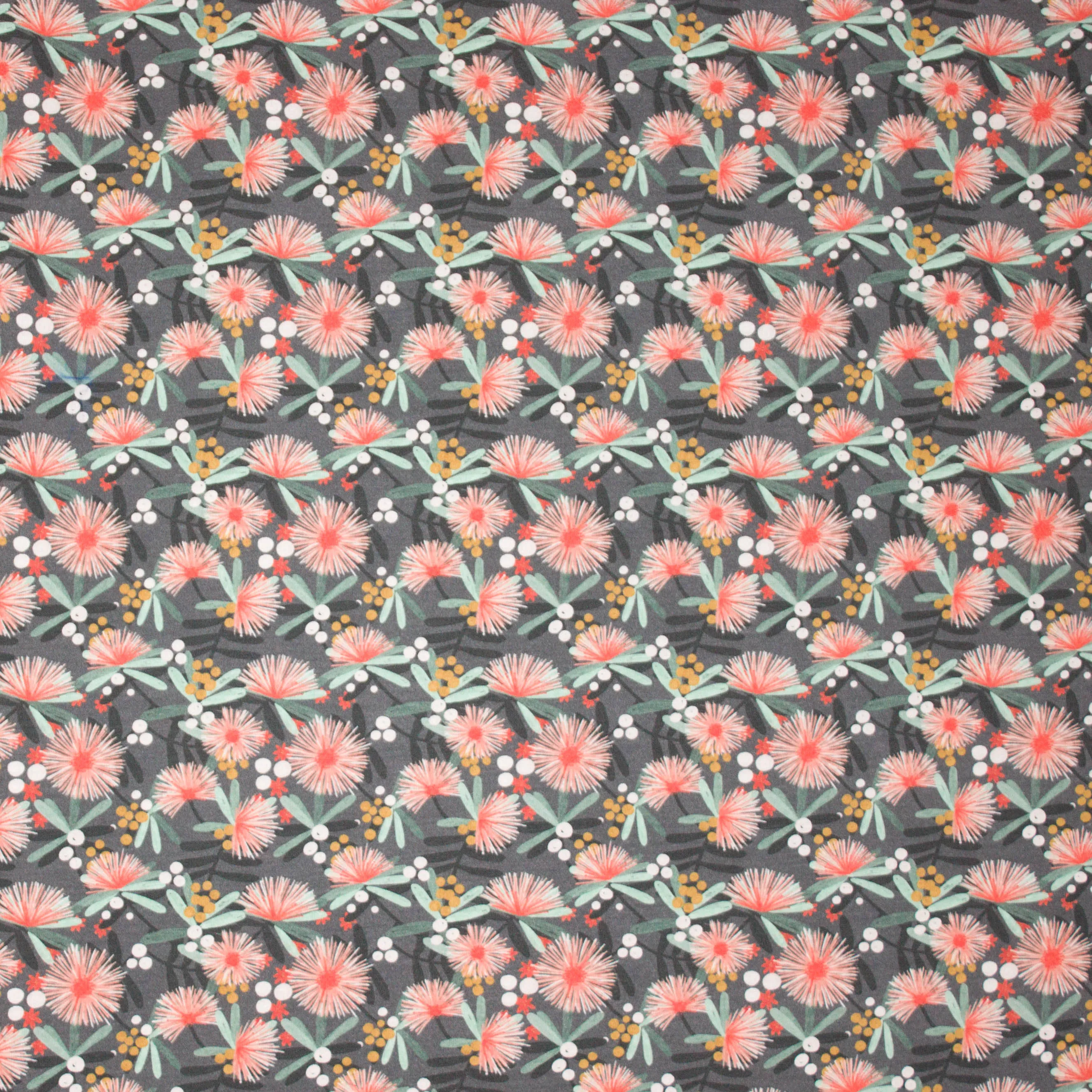 Donkergrijze modal tricot met zalmroze pluisbloemen van 'Lillestoff'