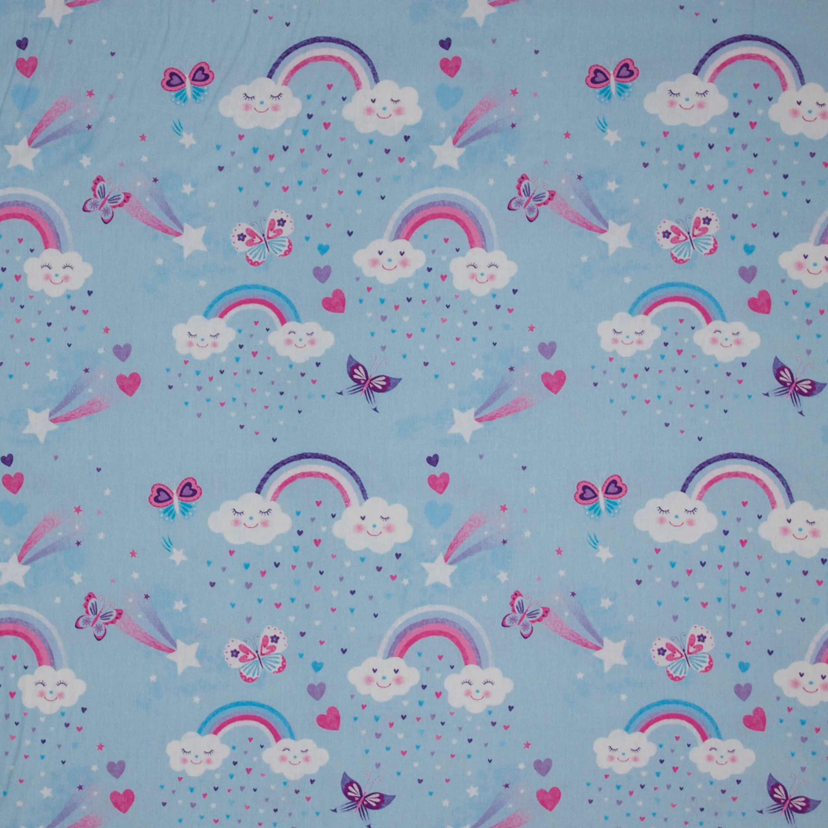 Blauw katoentje met regenbogen, vlinders en hartjes
