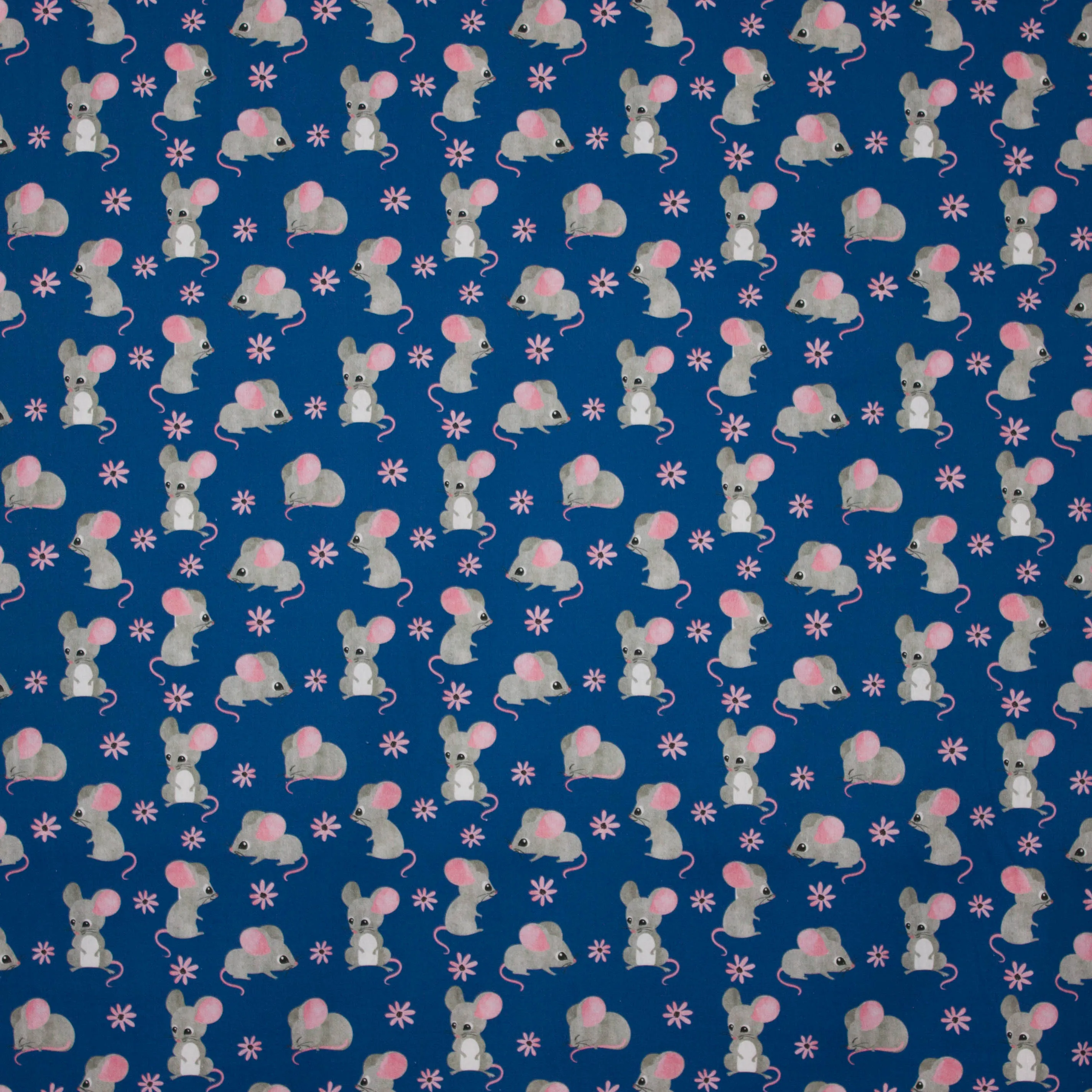 Donkerblauw katoentje met muisjes en bloemetjes