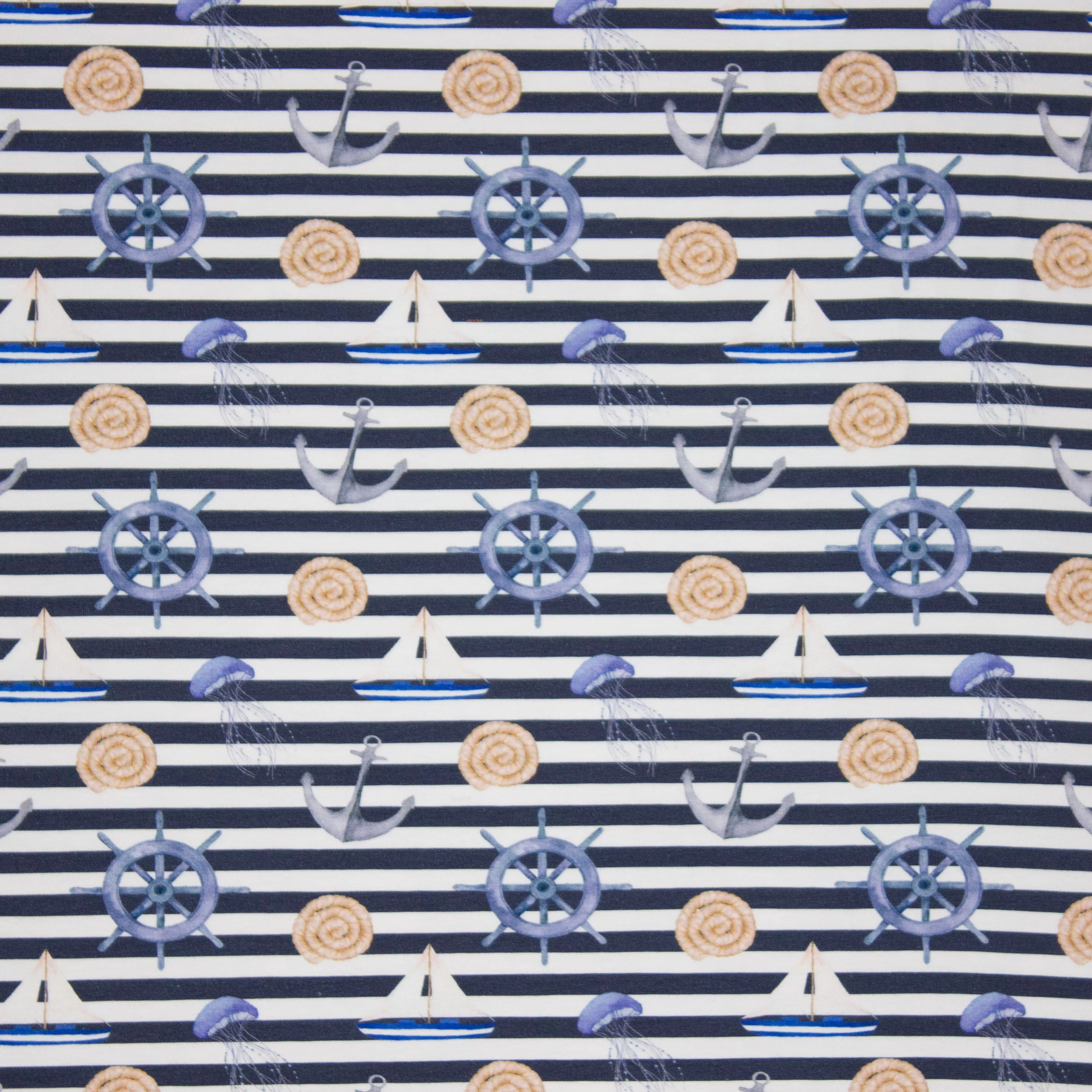 Blauw gestreepte katoentricot met ankers, boten en schelpen