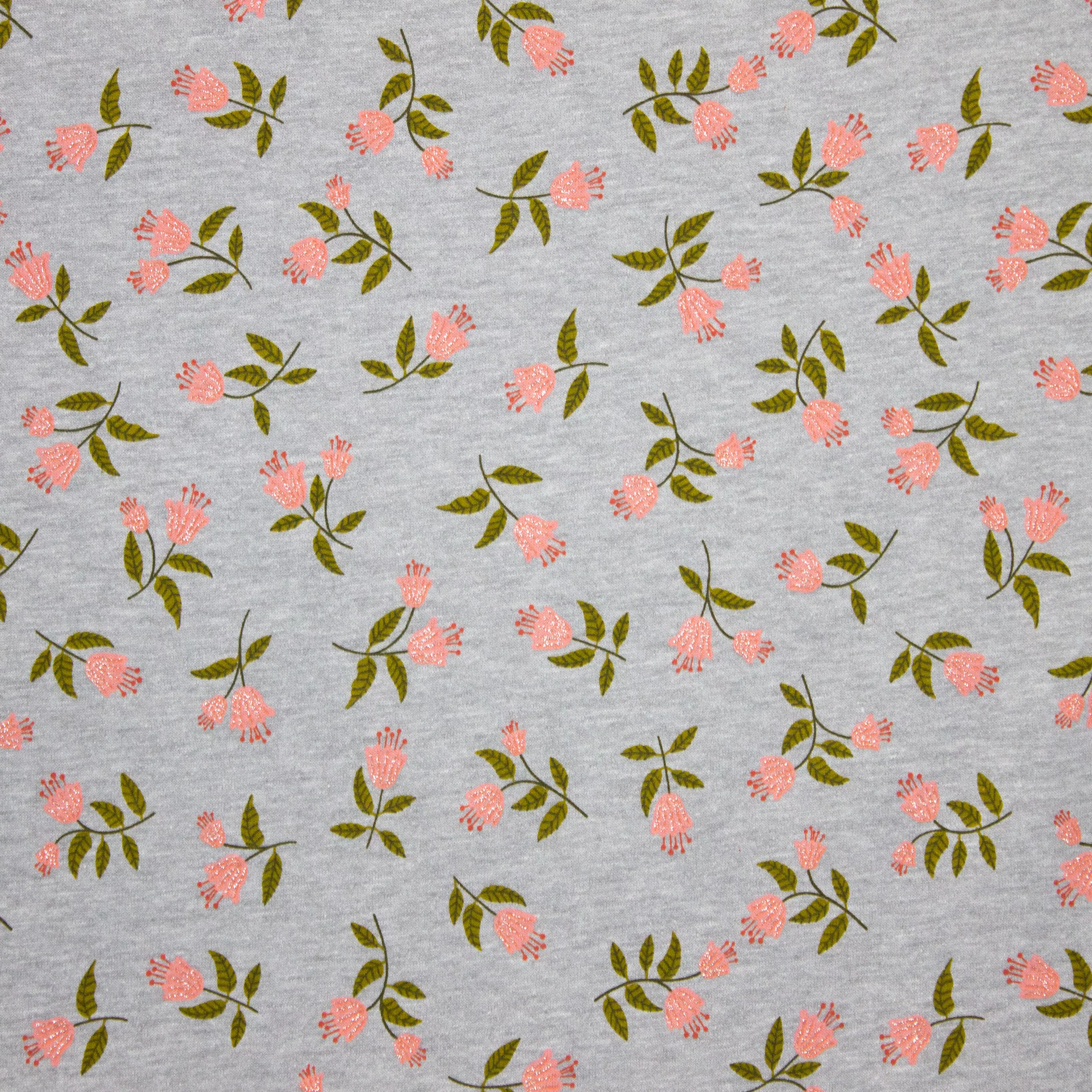 Grijze gemêleerde sweaterstof met bloemen en glitters - Poppy