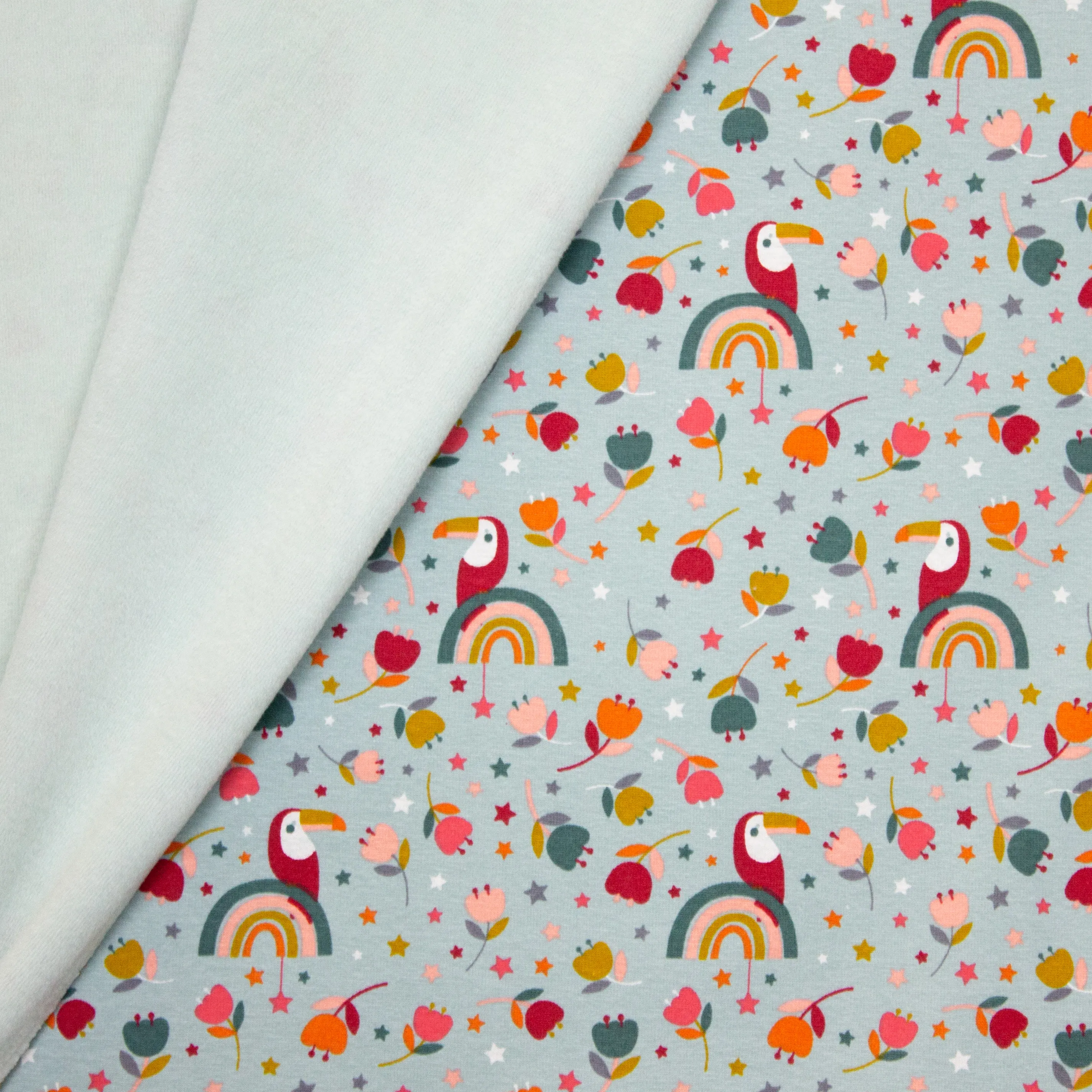 Blauwe Sweaterstof met vogels en regenbogen