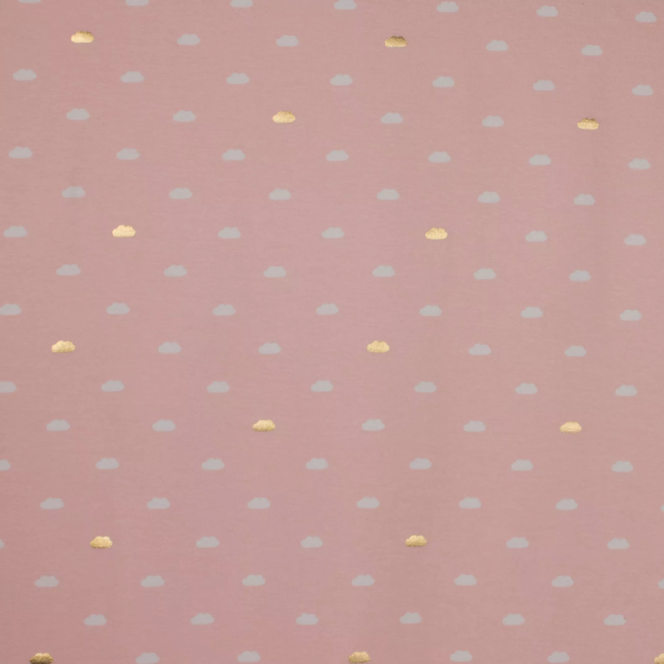 Lichtroze french terry met witte en gouden wolkjes van 'About Blue Fabrics'