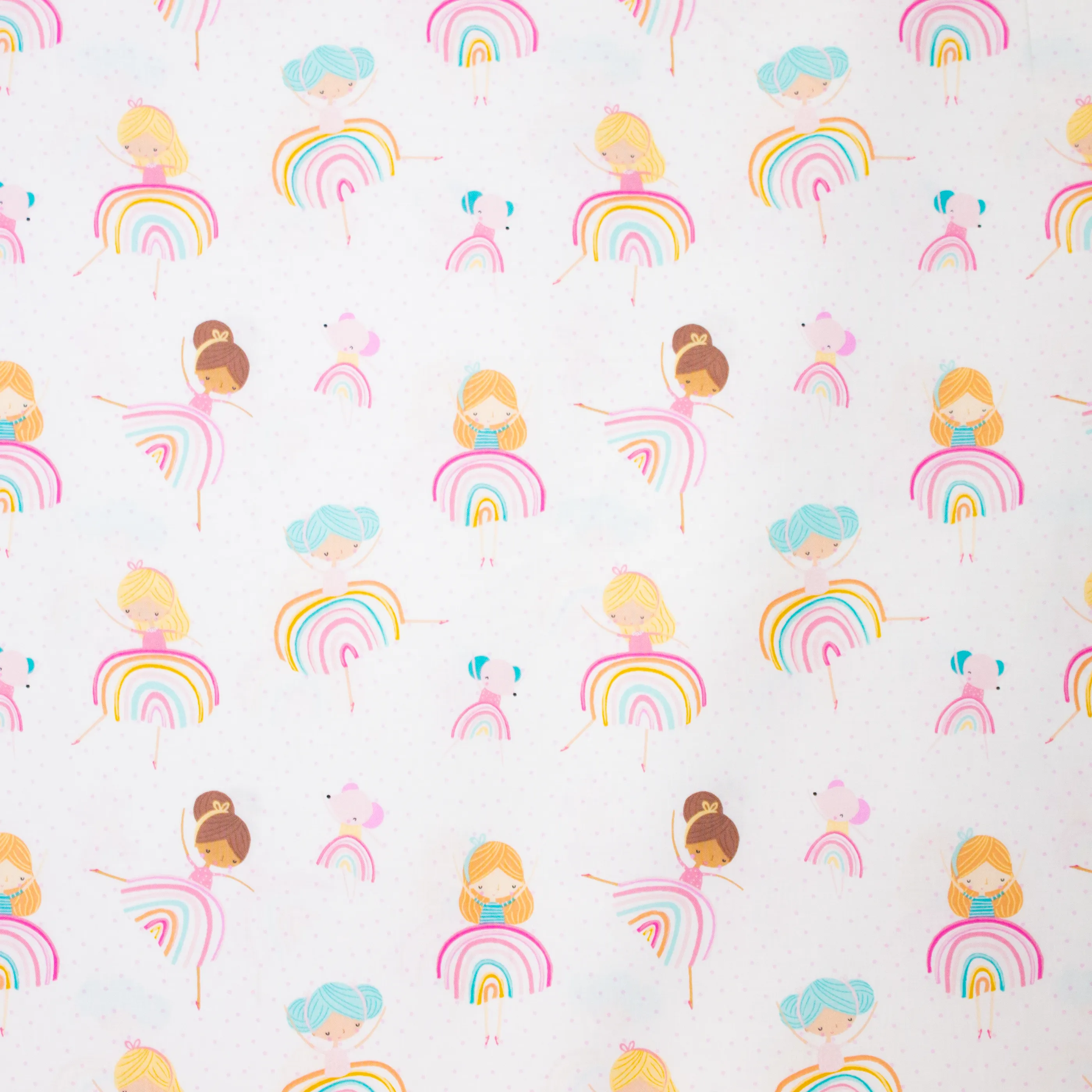 Witte Katoen met Meisjes in Regenboog Jurkjes