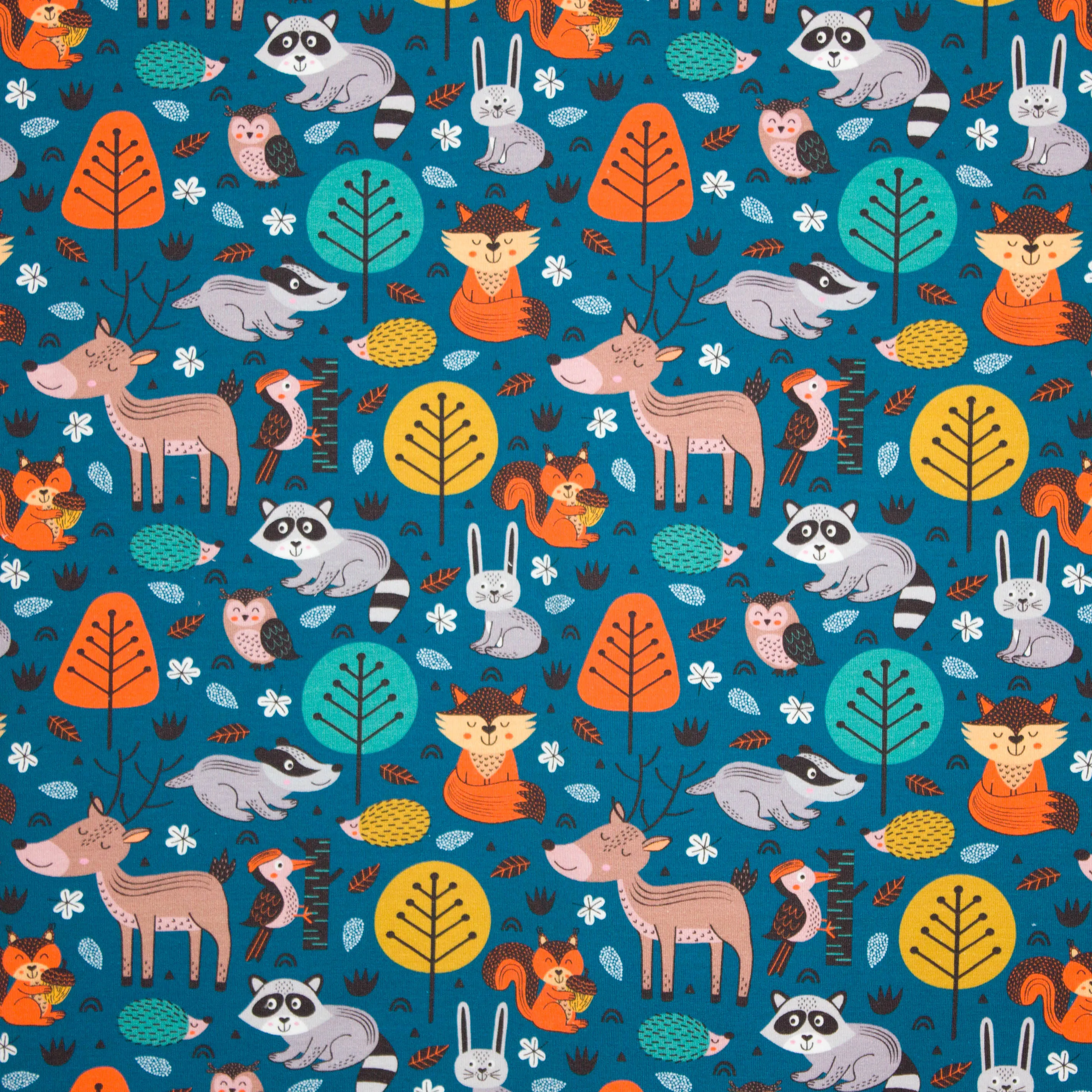 Petrol french terry met herfst / bos motiefjes