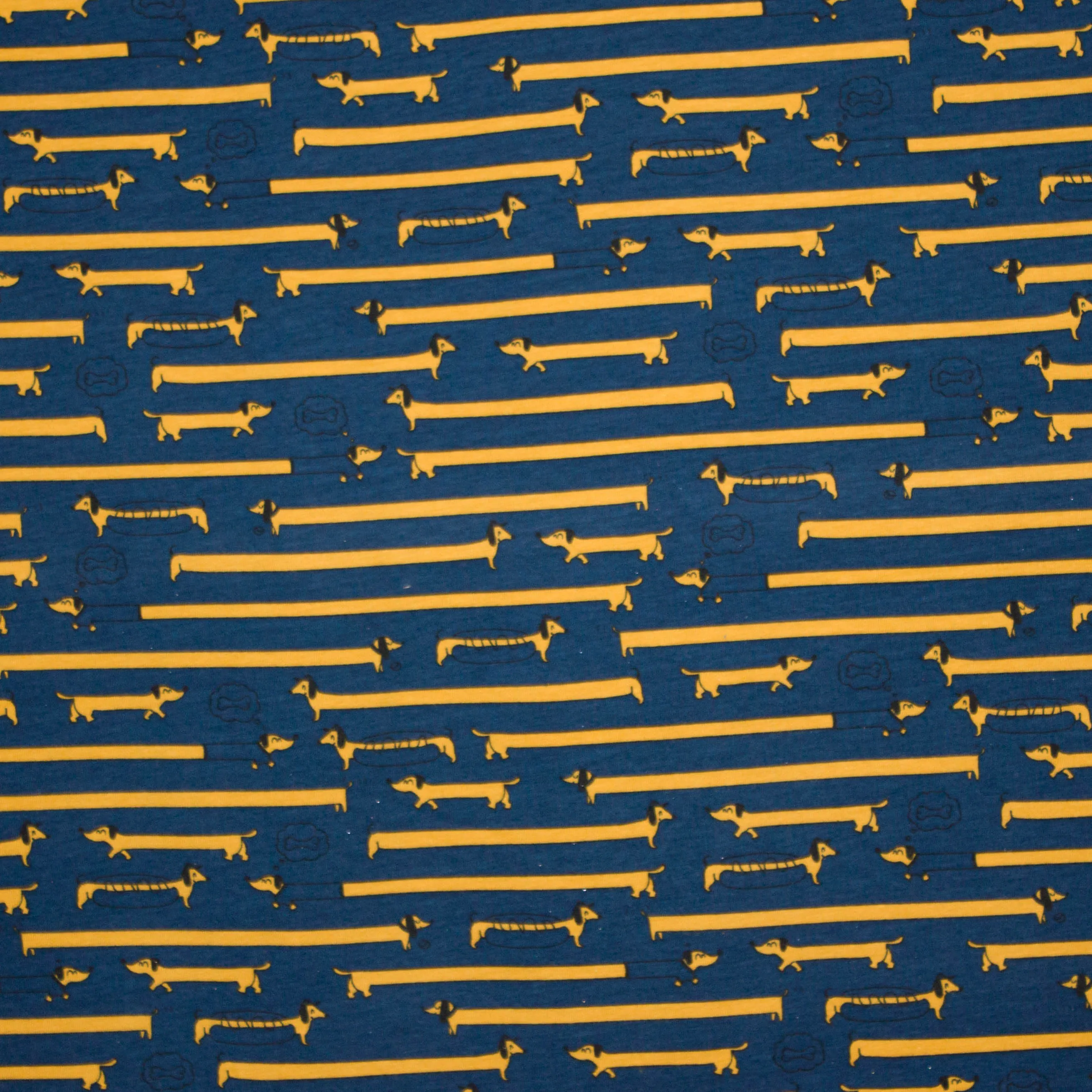 Donkerblauwe tricot met okerkleurige teckels