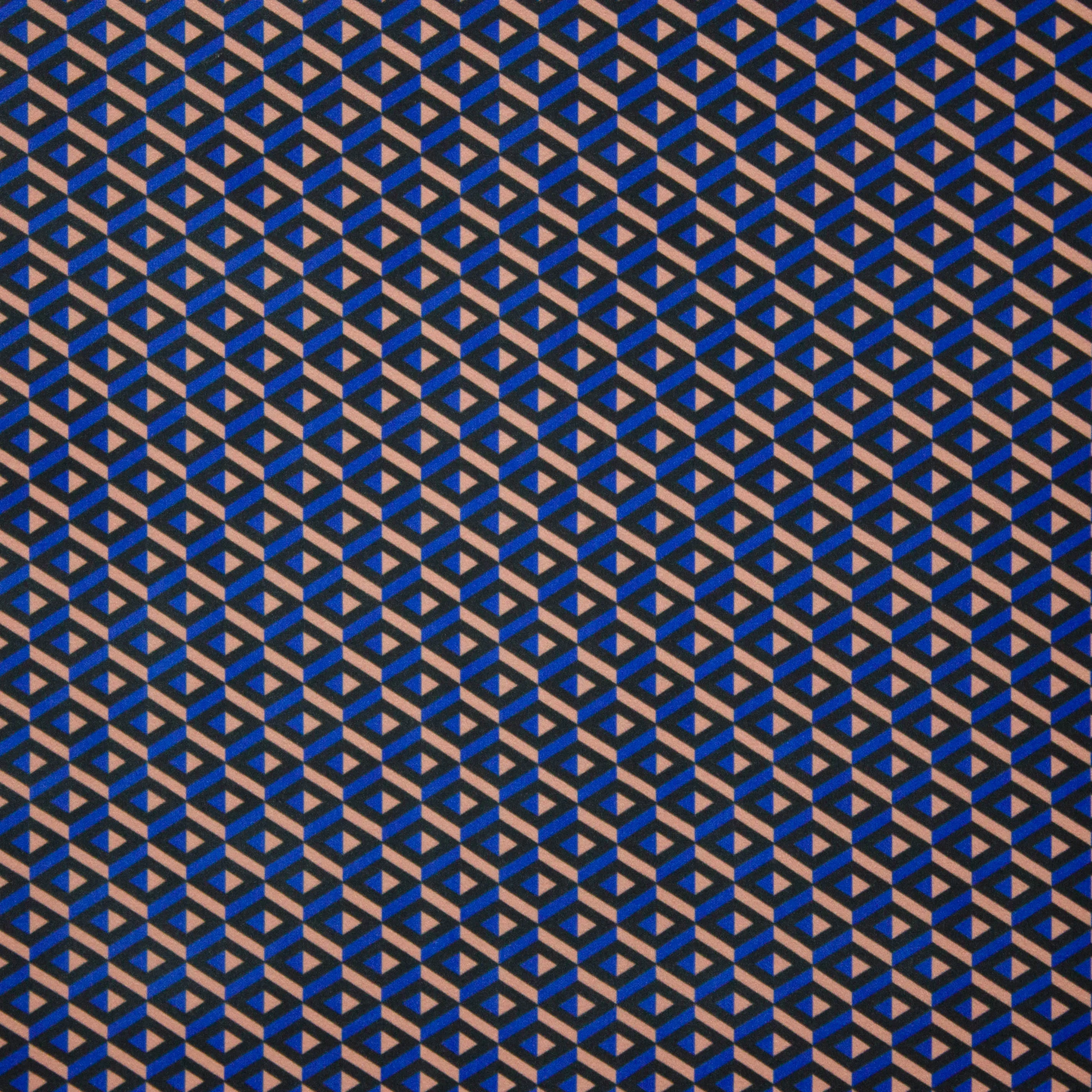 Polyester tricot met abstract motief in zwart, blauw en beige
