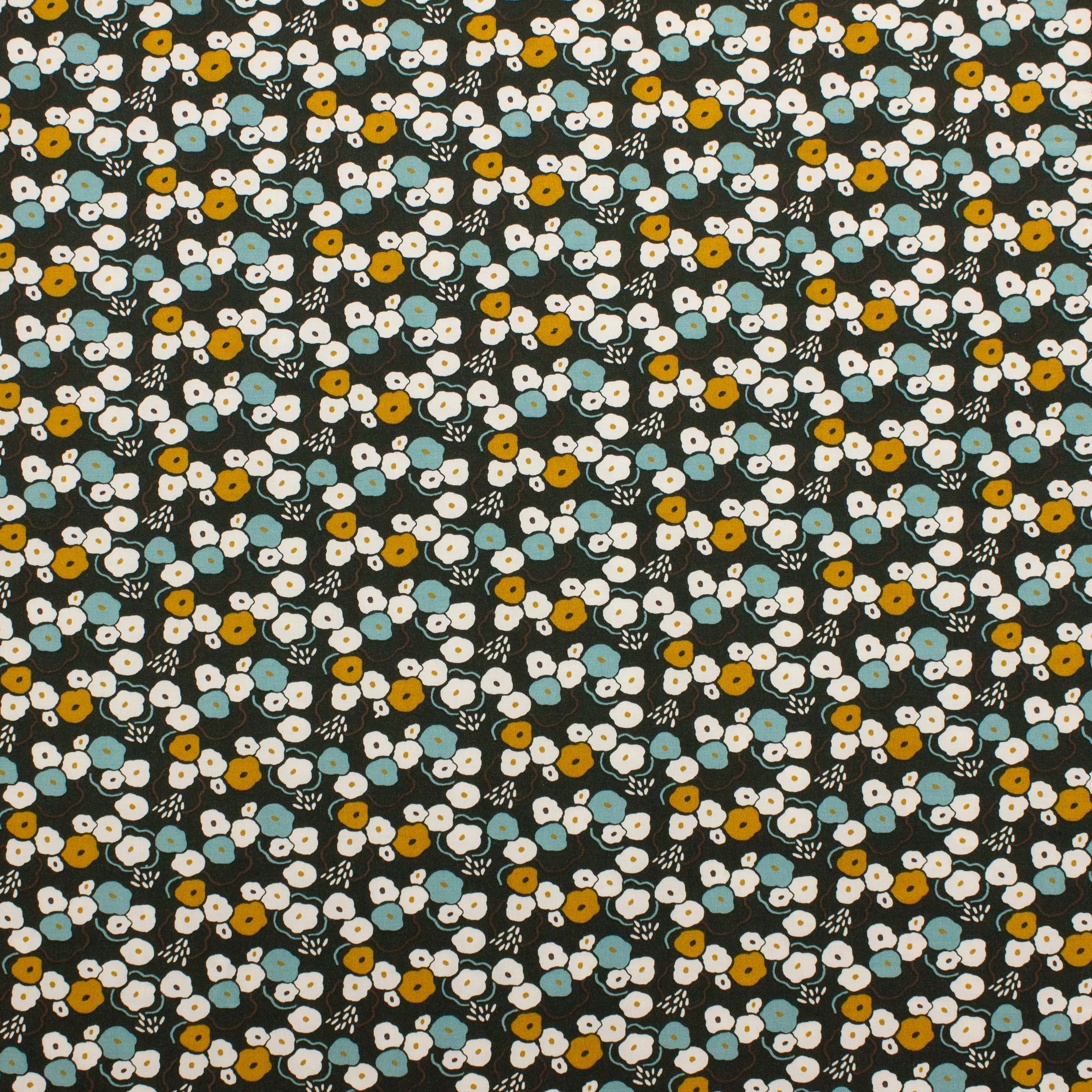 Viscose groen met bloemen in blauw, wit, bruin