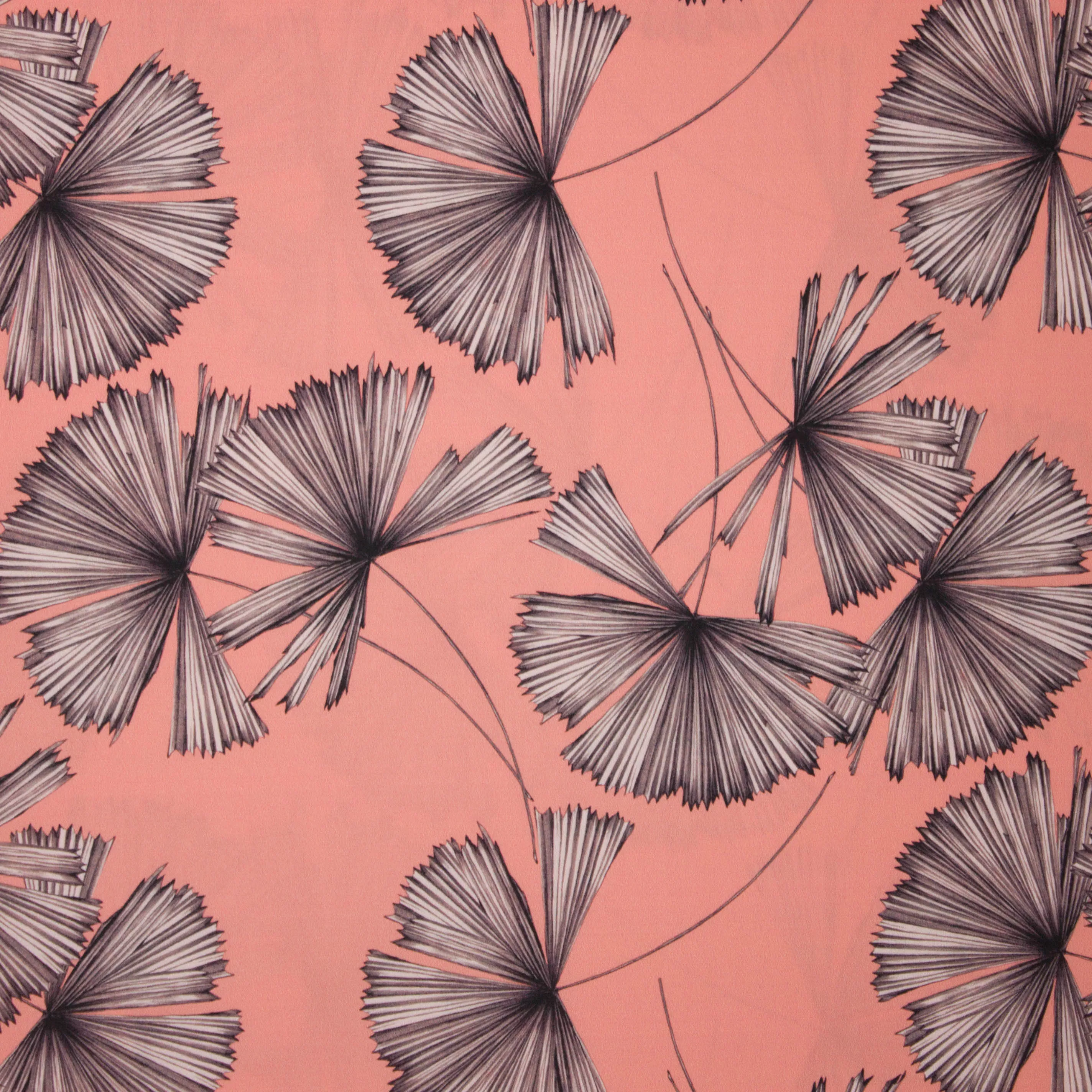 Polyester zalmroze met plantmotief
