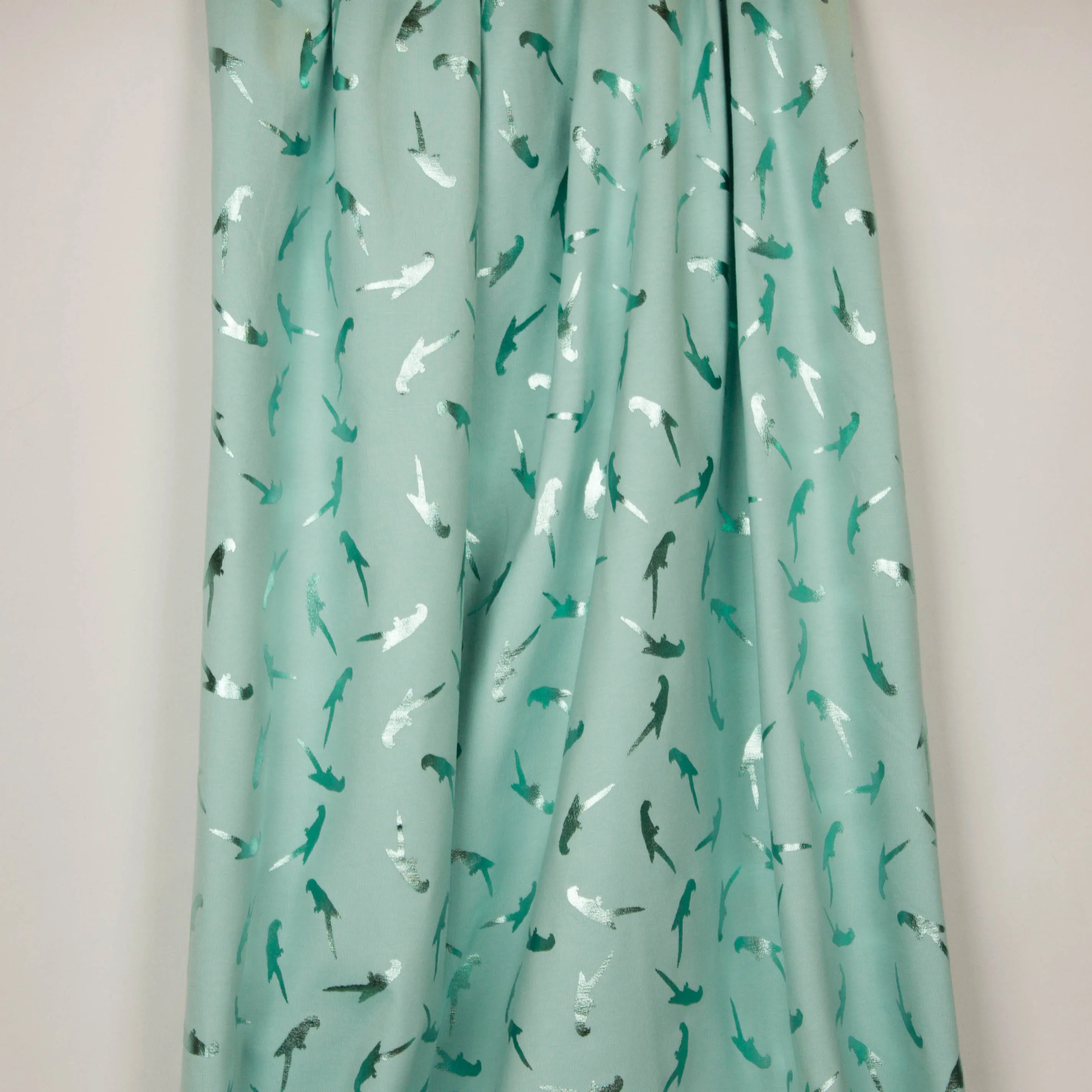 munt/lichtblauwe tricot met vogelmotief