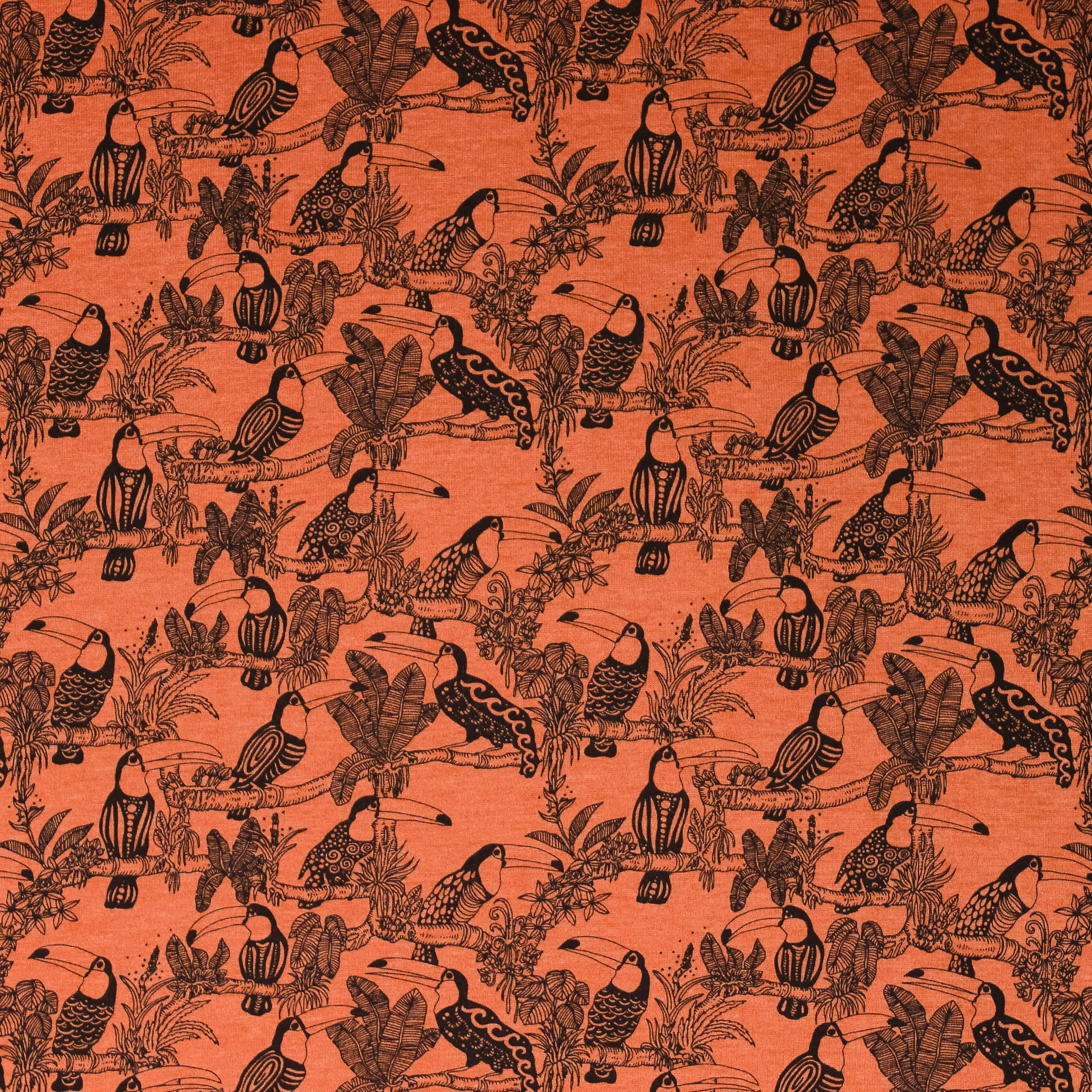 Donker oranje sweater met tropische vogels van Poppy