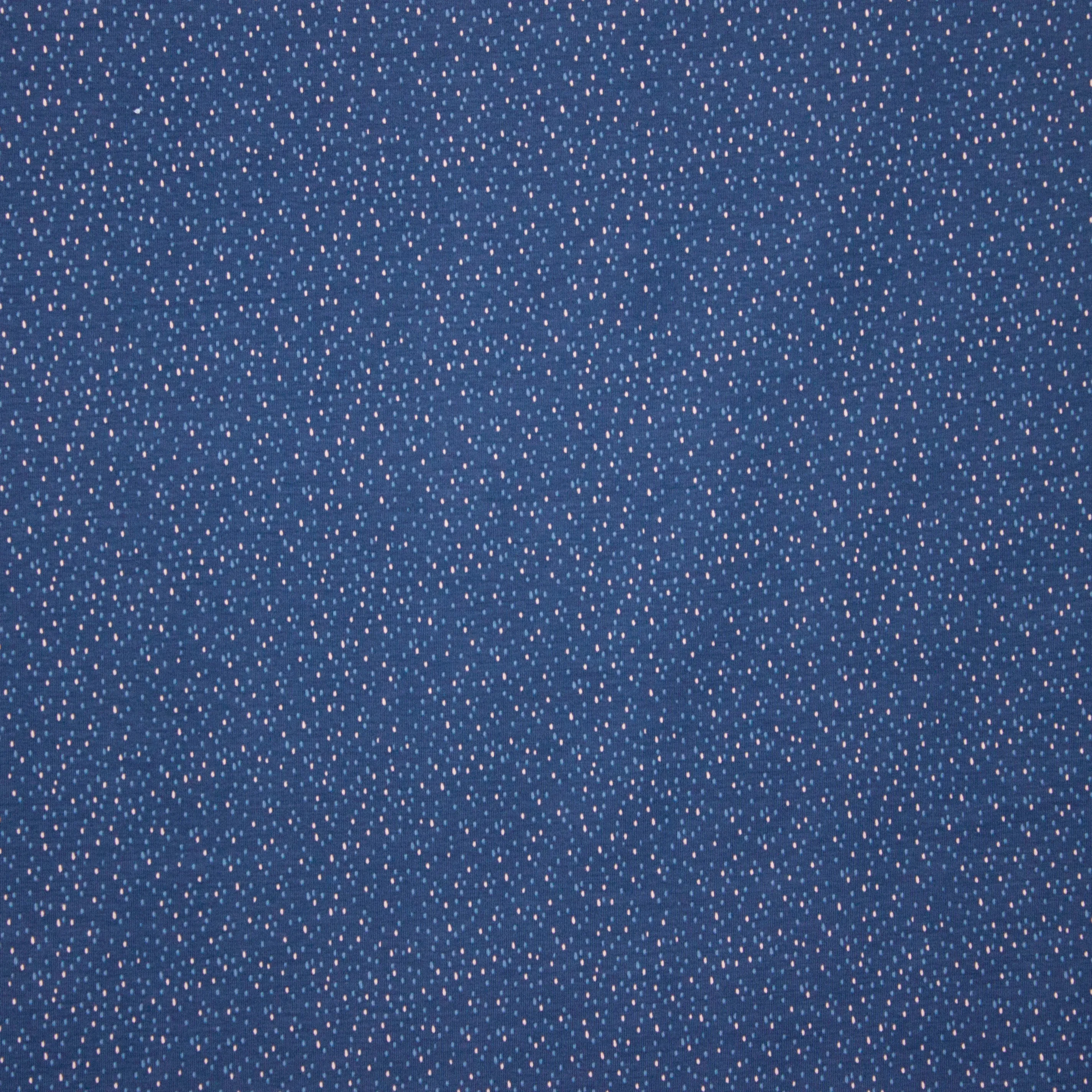 Donker blauwe katoentricot met witte en blauwe stipjes