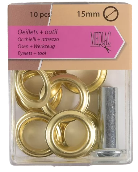 Goudkleurige nestelogen 15 mm - 10 stuks & bevestigingsmateriaal