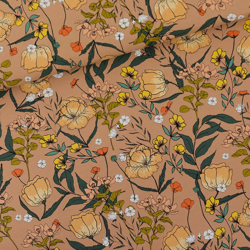 Camel brown french terry met bloemen 'summer flowers' van See You At Six