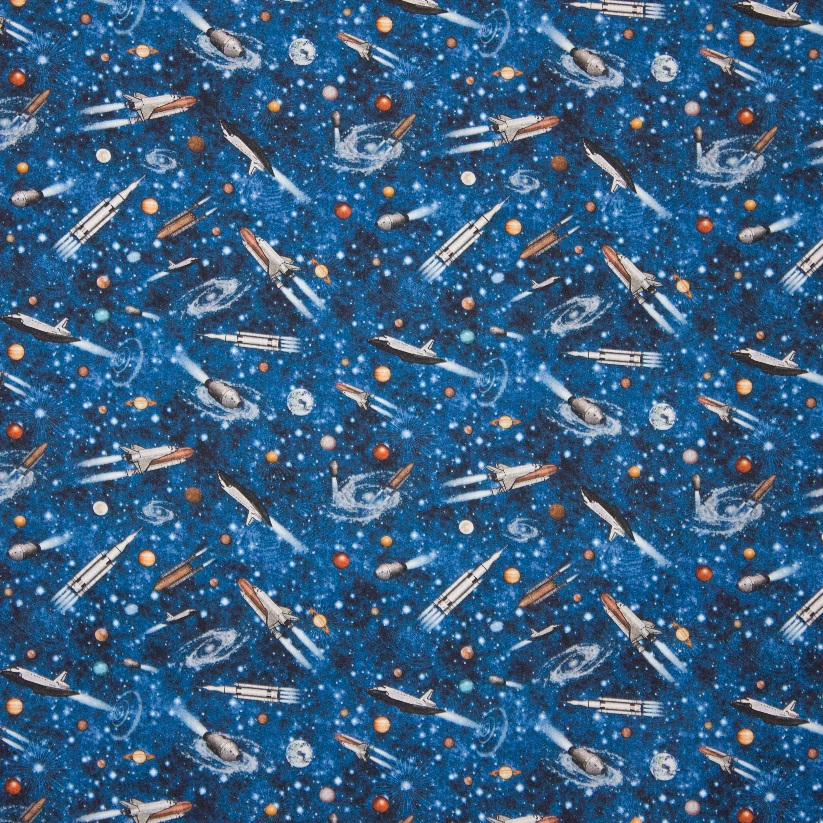 Blauwe katoen met raketten, space, ruimtevaart