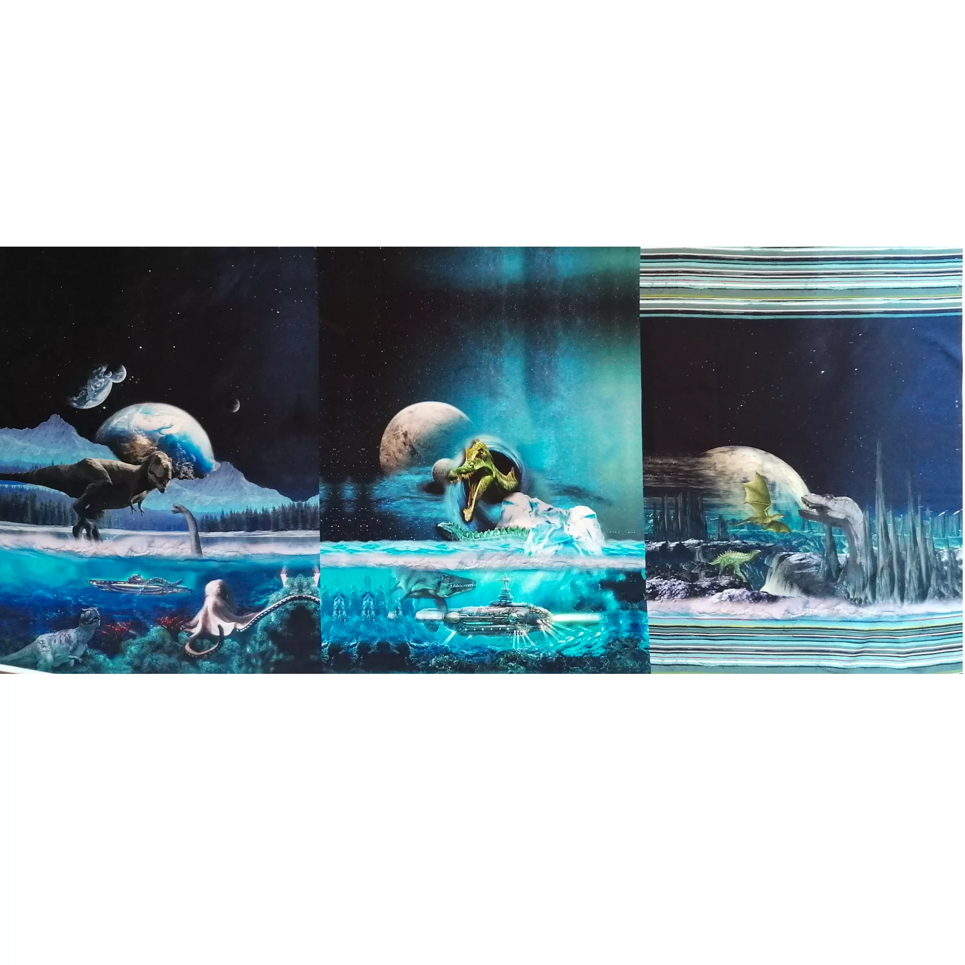 French terry paneel met dino's - driedelig