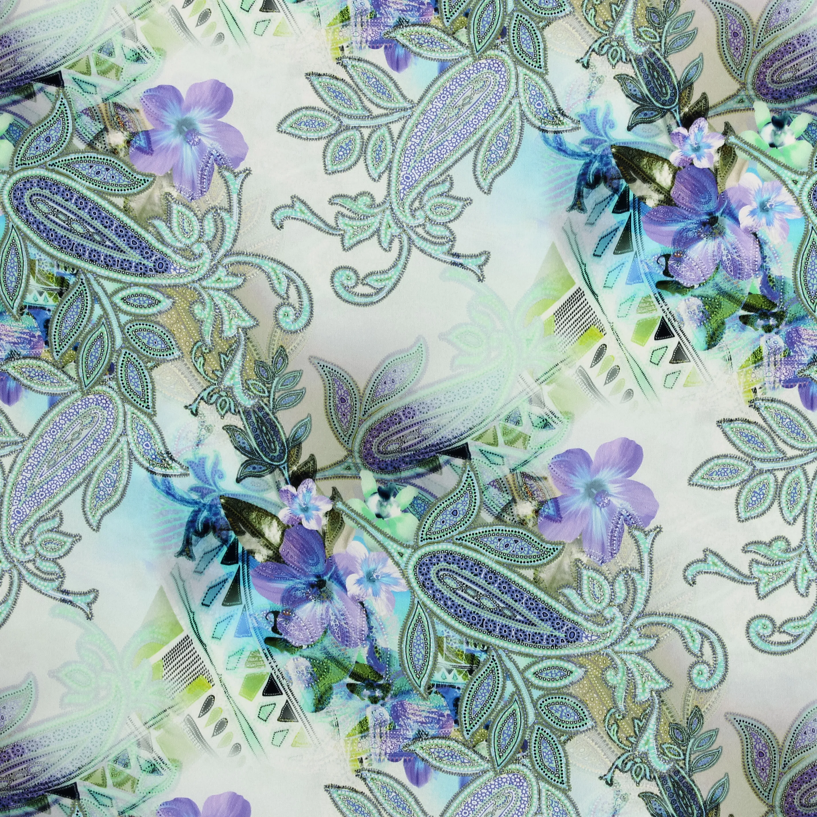 Viscose crêpe blauw-groen-paars met retro patronen en bloemen van Alta Moda