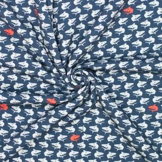 Tricot blauw met licht blauwe en rode haaien