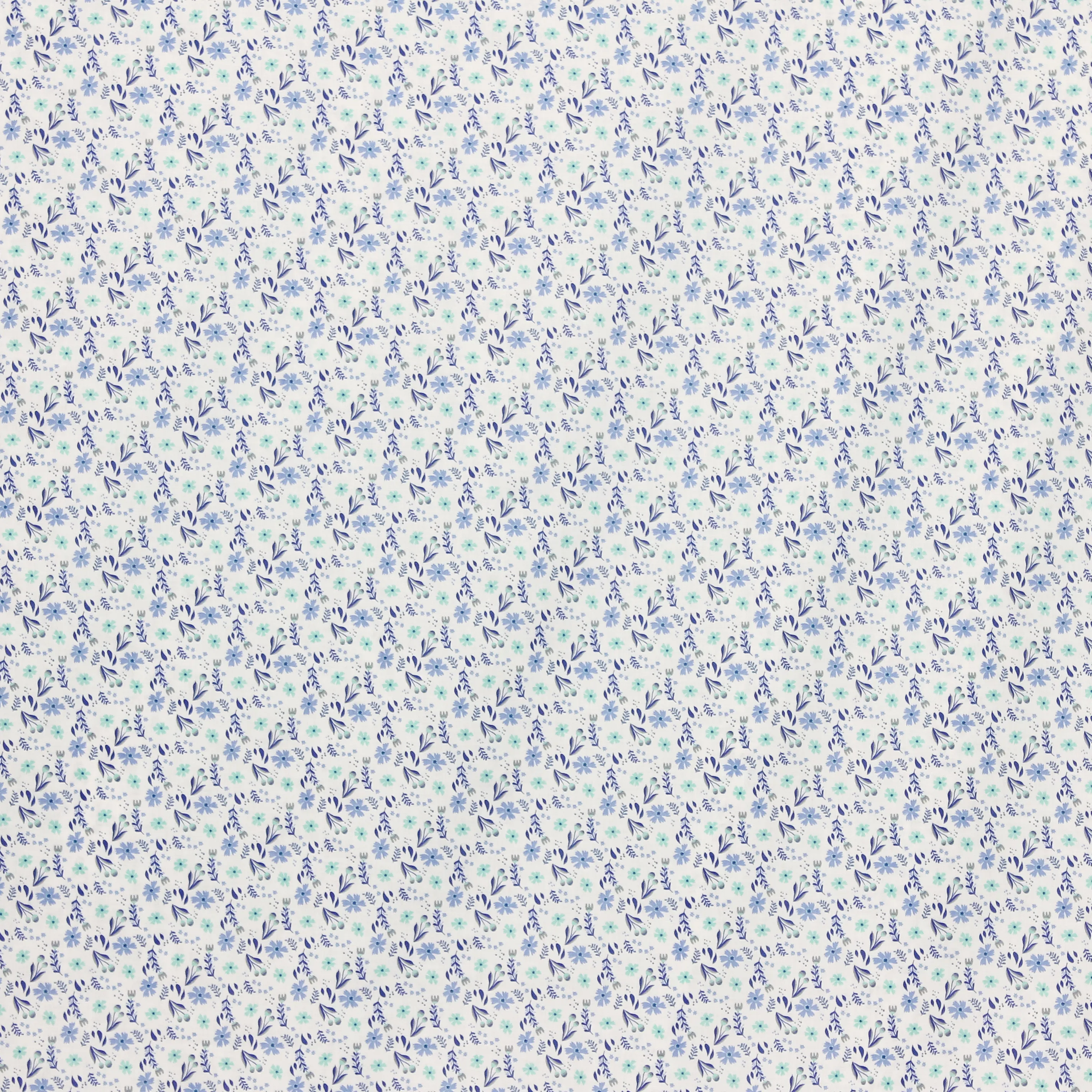 Fijne katoen wit met blauwe bloemetjes 'Digital flower collection'