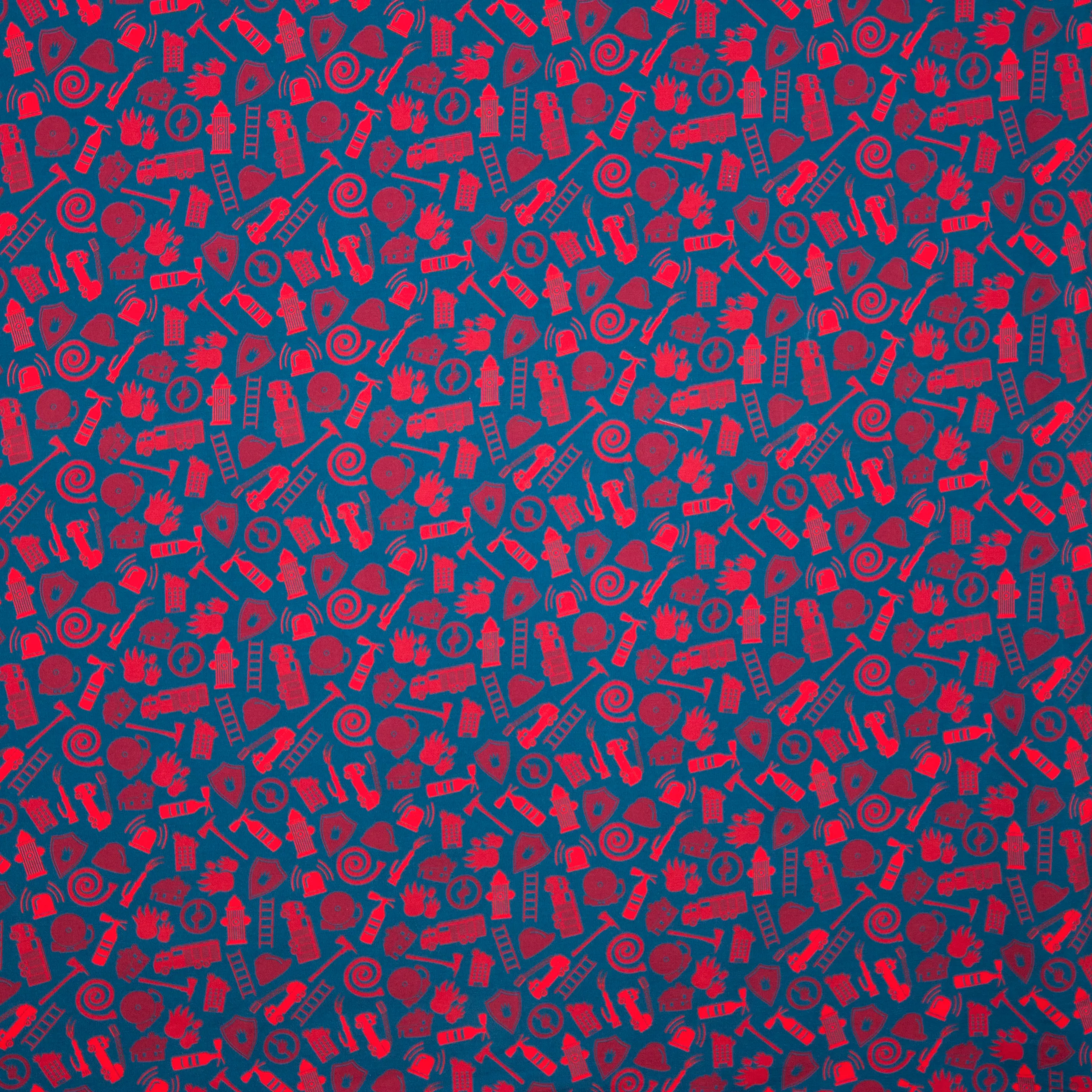 Donkerblauwe tricot met rode brandweermotiefjes