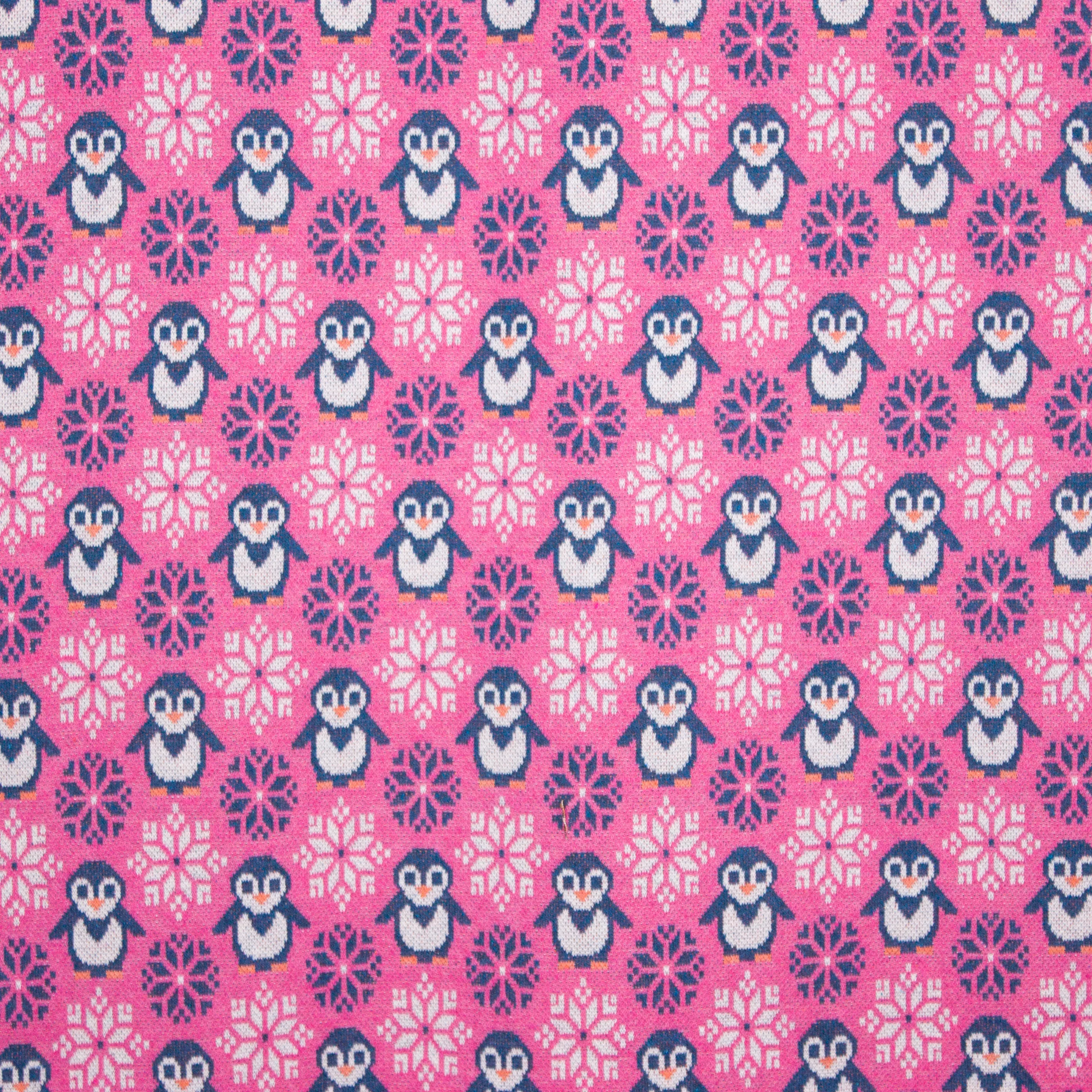 Roze jacquardtricot met pinguïns en ijskristallen