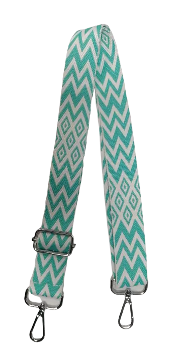 Afgewerkte tassenriem - turquoise / wit motief