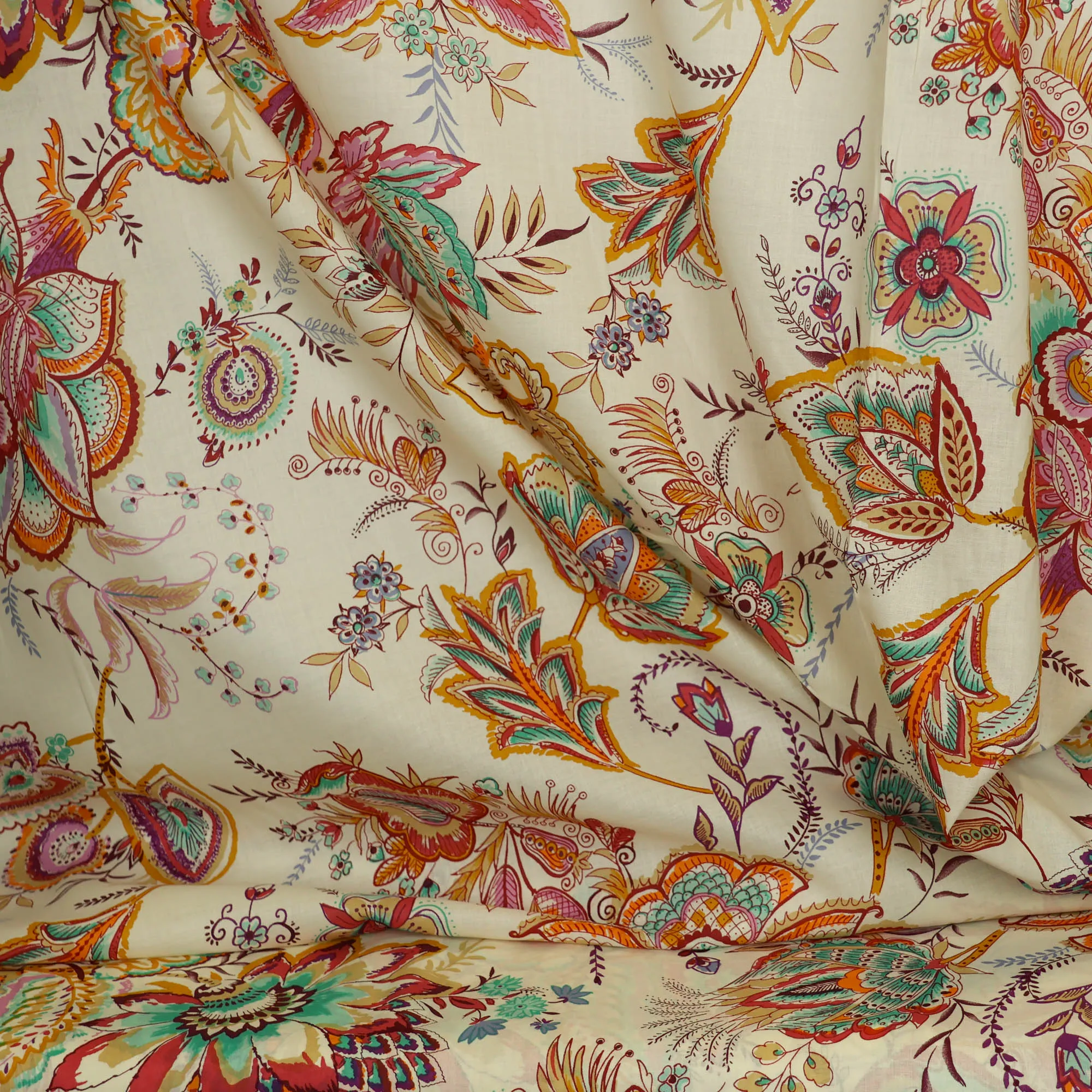 Katoen beige met kleurrijke print