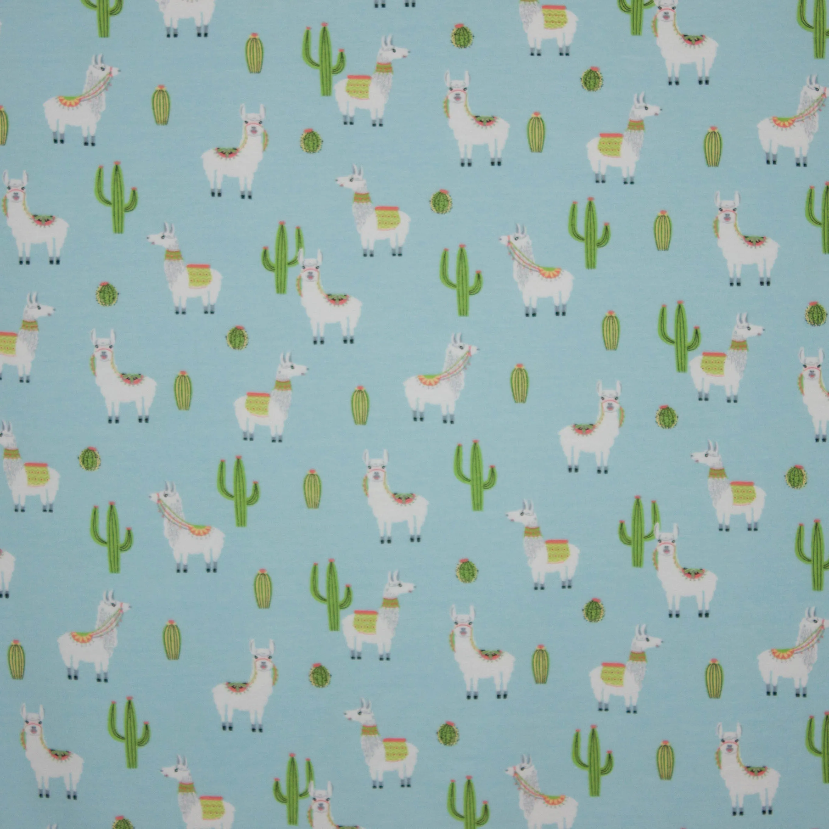 Lichtblauwe katoen tricot met lama motief