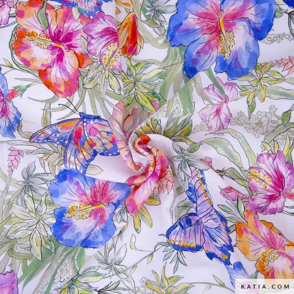 Viscose wit met bloemen en vlinders - Katia
