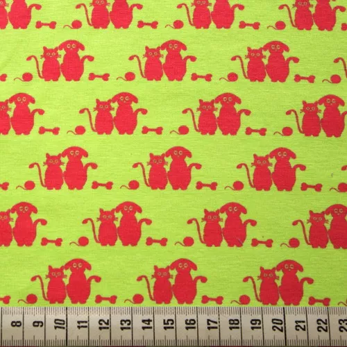 Biokatoen tricot met hondjes en poezen